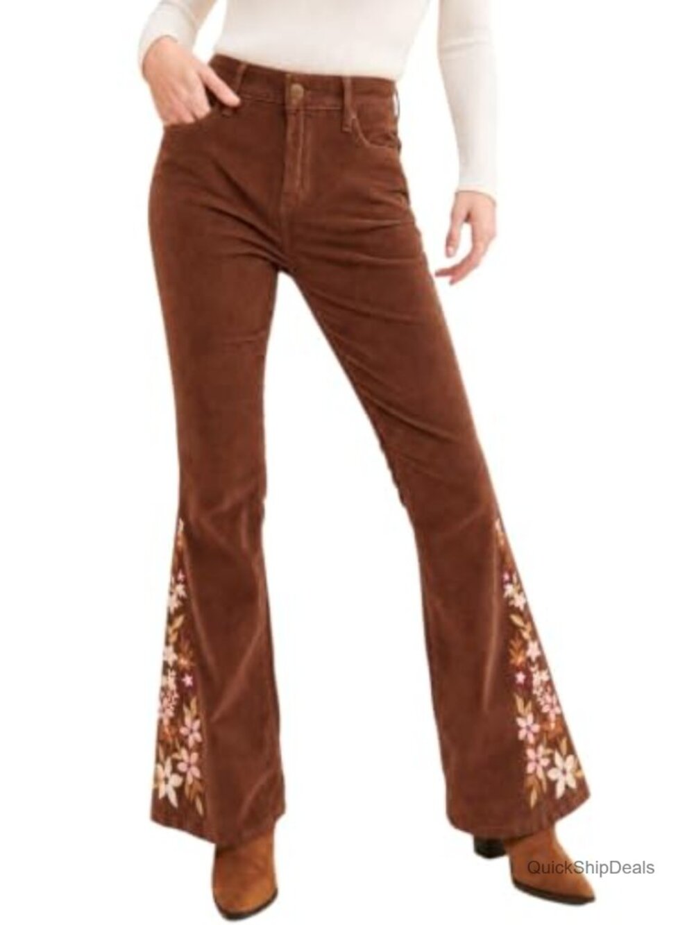 Corduroy Floral Embroidered High Rise Bell Bottom Flare Pants